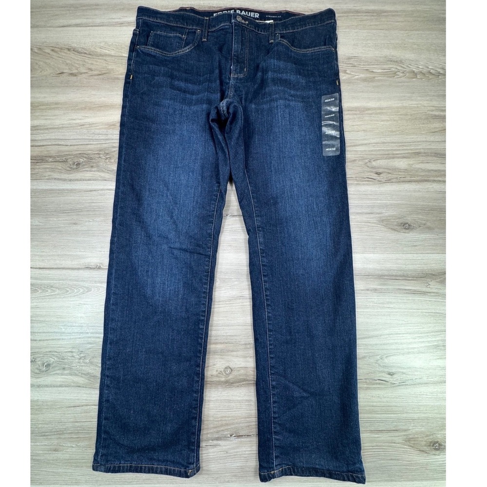 Eddie Bauer Mens 40x32 Flannel Lined Jeans Straight Fit Dark Wash Blue Plaid NEW